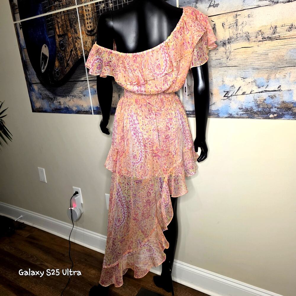 MISA Los Angeles Gisele Asymmetric Pink off Shoulder Floral Dress - Picture 13 of 14